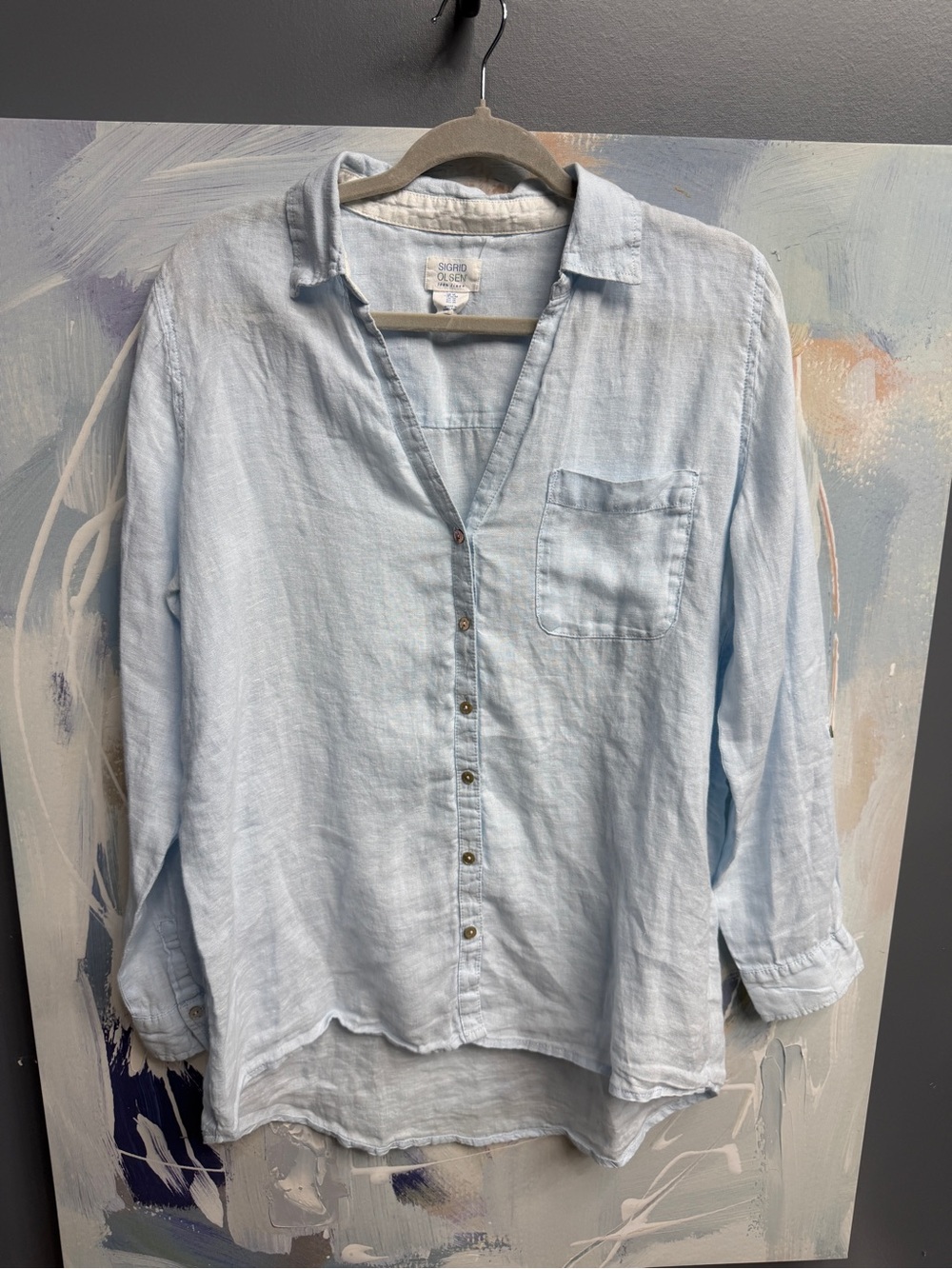 Sigrid Olsen 100% Linen Shirt Women’s M Light Blue Button Front High Low Hem